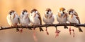 A lot of small funny birds sparrows sitting on a branch on the panoramic picture