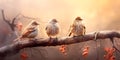 A lot of small funny birds sparrows sitting on a branch on the panoramic picture Royalty Free Stock Photo