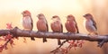 A lot of small funny birds sparrows sitting on a branch on the panoramic picture Royalty Free Stock Photo