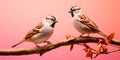 A lot of small funny birds sparrows sitting on a branch on the panoramic picture