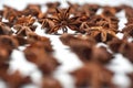 A lot of star anise on a white background close-up Royalty Free Stock Photo