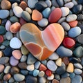 A lot of stones of different shapes and in the shape of a big heart in the center on the ocean or sea sandy beach Royalty Free Stock Photo