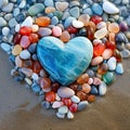 A lot of stones of different shapes and in the shape of a big heart in the center on the ocean or sea sandy beach Royalty Free Stock Photo