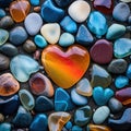 A lot of stones of different shapes and in the shape of a big heart in the center on the ocean or sea sandy beach Royalty Free Stock Photo