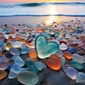 A lot of stones of different shapes and in the shape of a big heart on the ocean or sea on a sandy beach. Glowing Royalty Free Stock Photo