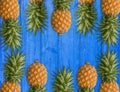 A lot of succulent pineapples on the blue wooden table. Healthy dietary food Royalty Free Stock Photo