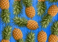 A lot of succulent pineapples on the blue wooden table. Healthy dietary food Royalty Free Stock Photo
