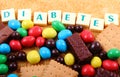 A lot of sweets, brown sugar and word diabetes, unhealthy food