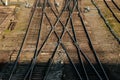 A lot of tangled rail rails, top view. Sort Facility