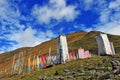 A lot of Tibetan prayer flags flying wiht Mandala on the hillside