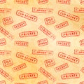 Lot of top secret red vintage grunge stamps on old yellow archive paper, seamless pattern Royalty Free Stock Photo