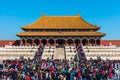 A lot of tourists entering the Taihe Palace, Hall of Supreme Harmony of the Forbidden City, the main buildings of the royal palace Royalty Free Stock Photo