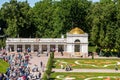 A lot of tourists watching the Samson fountain inside of the summer palace of peter the great in Saint Pertersburg, Russia