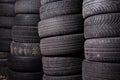 A lot of used out car tires in tire fitting. Stock photo many tires