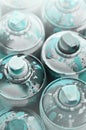 A lot of used spray cans of paint close-up. Dirty and smeared cans for drawing graffiti. The concept of a sweeping and careless d Royalty Free Stock Photo