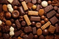 A lot of variety chocolate candies, pralines and truffles. Sweet food background