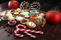 a lot of variety chocolate pralines, belgian confectionery gourmet chocolate and christmas spices with apples Royalty Free Stock Photo