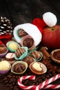 a lot of variety chocolate pralines, belgian confectionery gourmet chocolate and christmas spices with apples Royalty Free Stock Photo