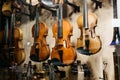 A lot of violins in a shop window Royalty Free Stock Photo