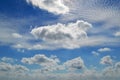 A lot of white clouds of different types: cumulus, cirrus, layered high in blue sky