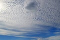 A lot of white clouds of different types: cumulus, cirrus, layered high in blue sky