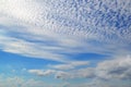 A lot of white clouds of different types: cumulus, cirrus, layered high in blue sky