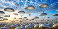 A lot of white round landing parachutes in the blue gradient sky, extreme background, paratroopers, height, wallpaper