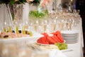 A lot of wine glasses with a cool delicious champagne or white wine at the bar. Alcohol background. Royalty Free Stock Photo