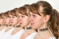 A lot of women in a row with barcode - genetic clone concept Royalty Free Stock Photo