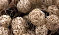 A lot wooden natural interior decorative wicker balls, close-up