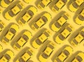 A lot of yellow taxi cars on a yellow background move erratically. Top view. 3D rendering.