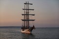 Binz, Germany - July 22, 2021 - The Loth LoriÃÂ«n is a three-masted barquentine flying the Dutch flag at dusk Royalty Free Stock Photo