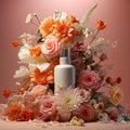 Lotion Bottle in a Bunch of Fresh Flowers. Product Ad