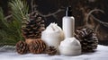 Lotion Bottle Beside Pine Cone on Table With Wood Grain Background