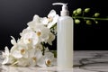 Lotion and a graceful white orchid share a serene tableau