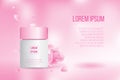 Lotion skin care white bottle pink glossy lid with red rose petal flower on magenta bokeh background, cosmetic advertise poster Royalty Free Stock Photo