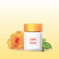 Lotion skin care white bottle yellow pink glossy lid with red rose petal flower on gray background, cosmetic advertise poster