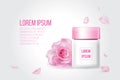 Lotion skin care white bottle yellow pink glossy lid with red rose petal flower on gray background, cosmetic advertise poster Royalty Free Stock Photo