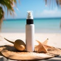 Facial spray with sunscreen for sensitive skin, mock up, blurred background