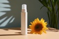 Facial spray with sunscreen for sensitive skin, mock-up, blurred background