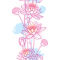 Vector Vertical Seamless Pattern With Outline Lotus Or Water Lily Flower, Bud And Seed Pod In Pastel Pink And Blue On The White.