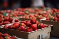 Lots of baskets with fresh ripe strawberries for sale at farmers market closeup. Strawberries in boxes, strawberry fruits in paper