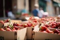 Lots of baskets with fresh ripe strawberries for sale at farmers market closeup. Strawberries in boxes, strawberry fruits in