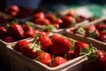 Lots of baskets with fresh ripe strawberries for sale at farmers market closeup. Strawberries in boxes, strawberry fruits in