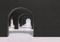 Lots of black walls with round arches on a white marble floor. Black and white interior. Black wall with copy space. 3D rendering Royalty Free Stock Photo