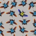 Lots of blue bumblebee and one yellow among them. One is not like everyone else, individuality, difference from others