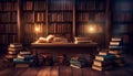 Lots of books in a dimly kit library. Warm cozy atmosphere. Lamps, books on a table, book shelves. Royalty Free Stock Photo