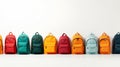 Lots of bright colorful backpacks in a row isolated on white background, back to school concept, promo banner, copy space