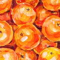 Lots of bright orange tangerines. Acrylic painting card for design and print. Hand draw contemporary artwork. Stylized postcard