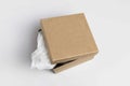 Lots of brown cardboard boxes. Cardboard mailbox isolated on a white background. Open rectangular small brown box for Royalty Free Stock Photo